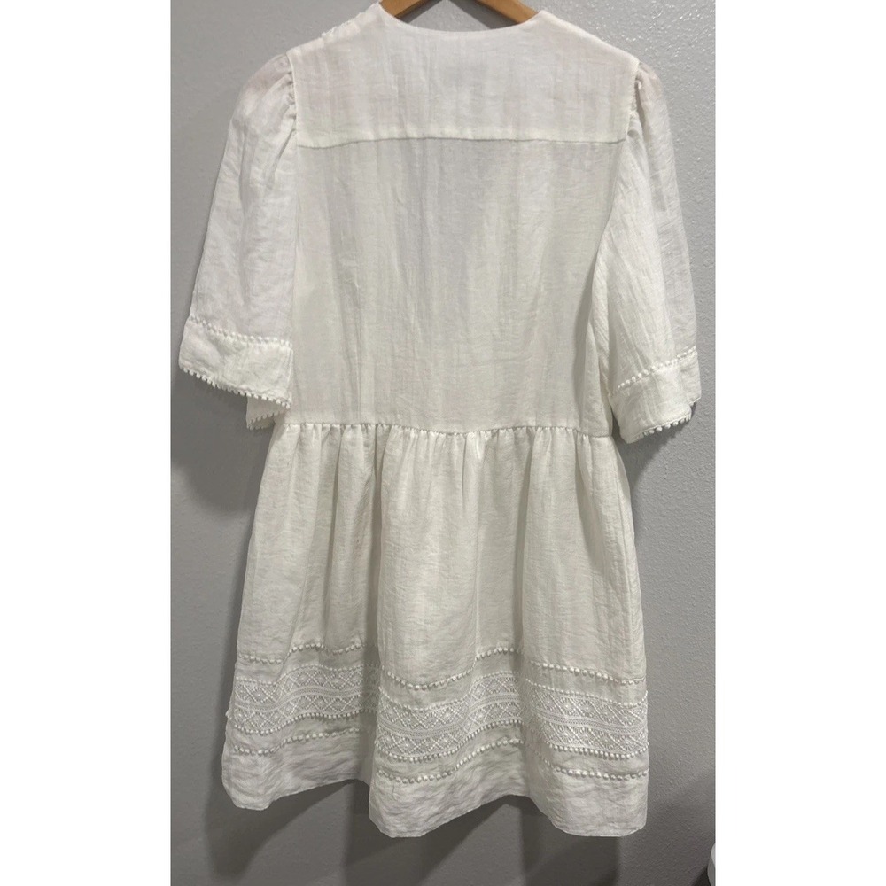 Sabina Musayev White Pom-Pom Crochet Trim Ruffle Tiered Mini Dress V-Neck Size L - Picture 4 of 16